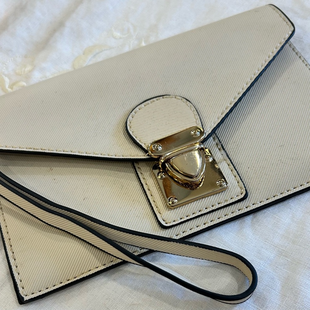 Women's Cream Envelope Wristlet Clutch with Gold Hardware